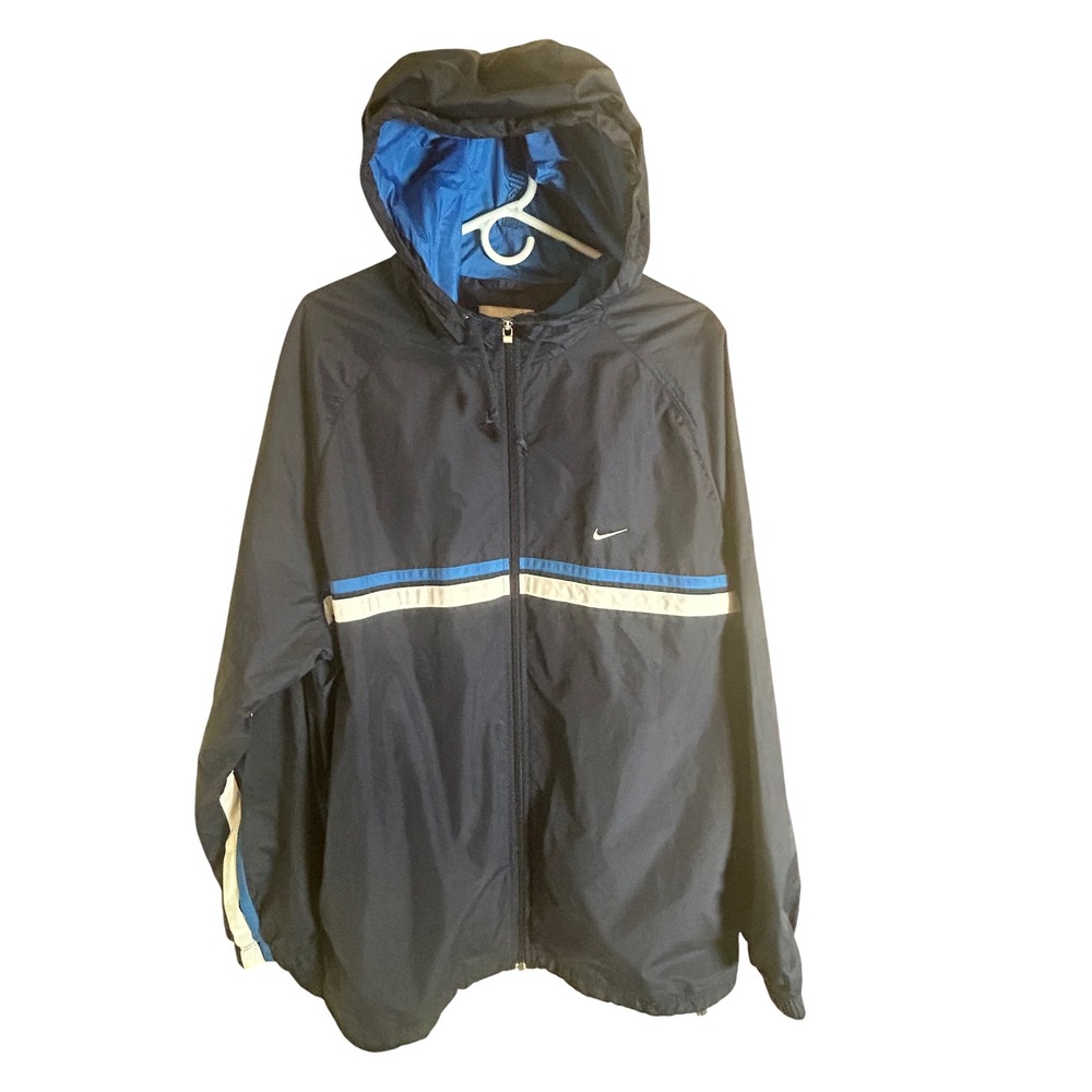 Nike Windbreaker Jacket Mens L Navy Blue Vintage Striped Hooded Full Zip
